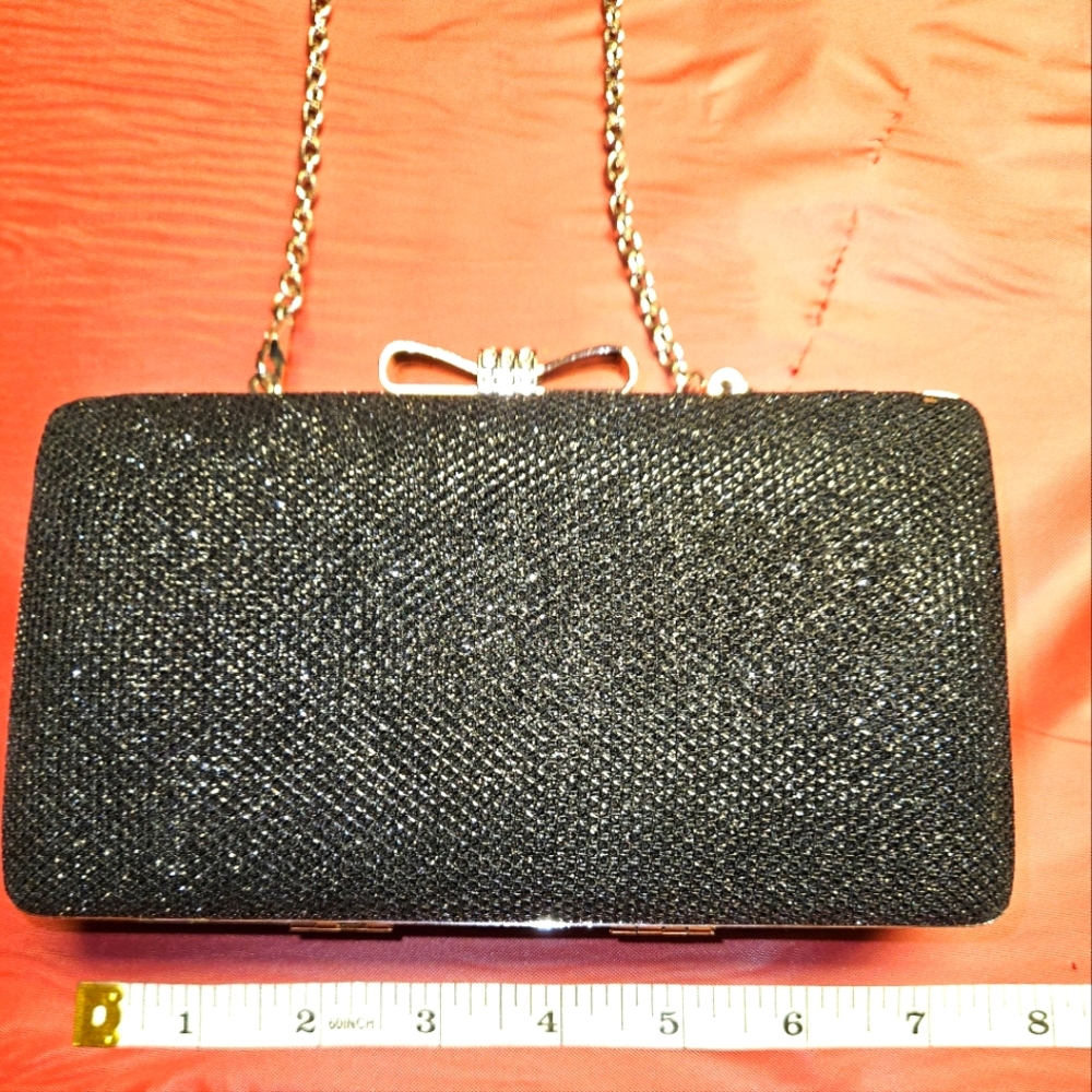 Black Sparkly Party Clutch/Bag Vintage Chain w/Box Snap Silver Accents E.U.C.